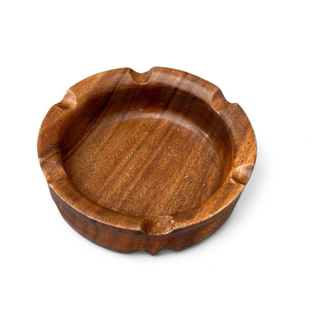 Vintage Carved Wood Ashtray Philippines Handcrafted Round Bowl Mid Century